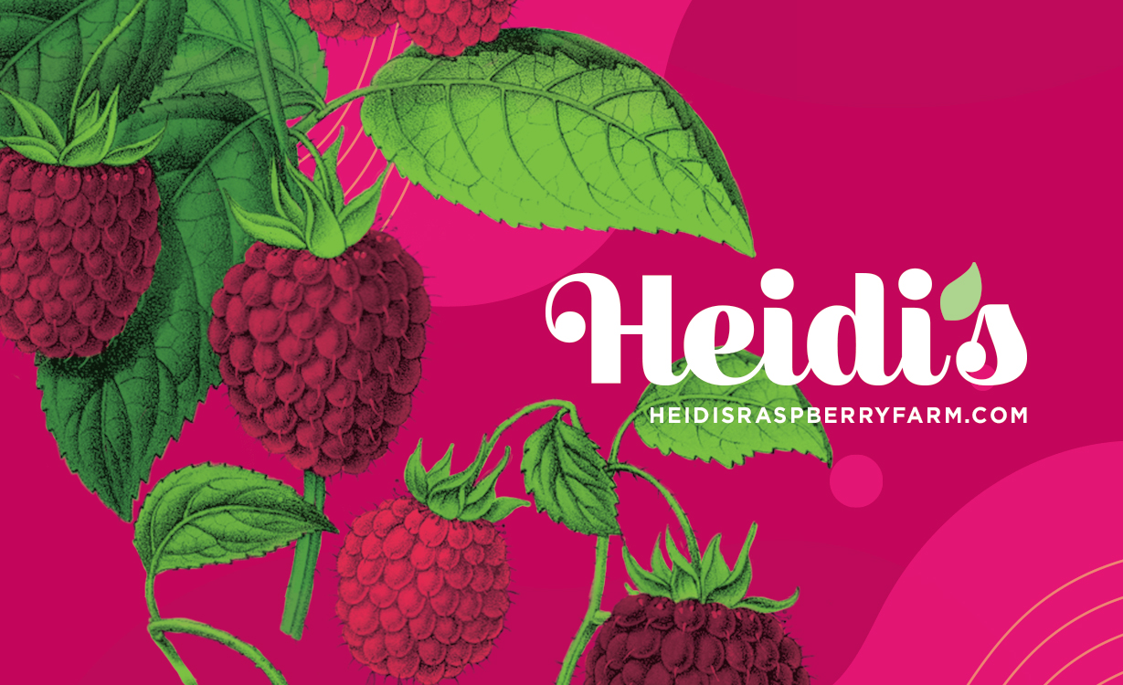 Pink postcard with Heidi's logo and raspberry illustrations